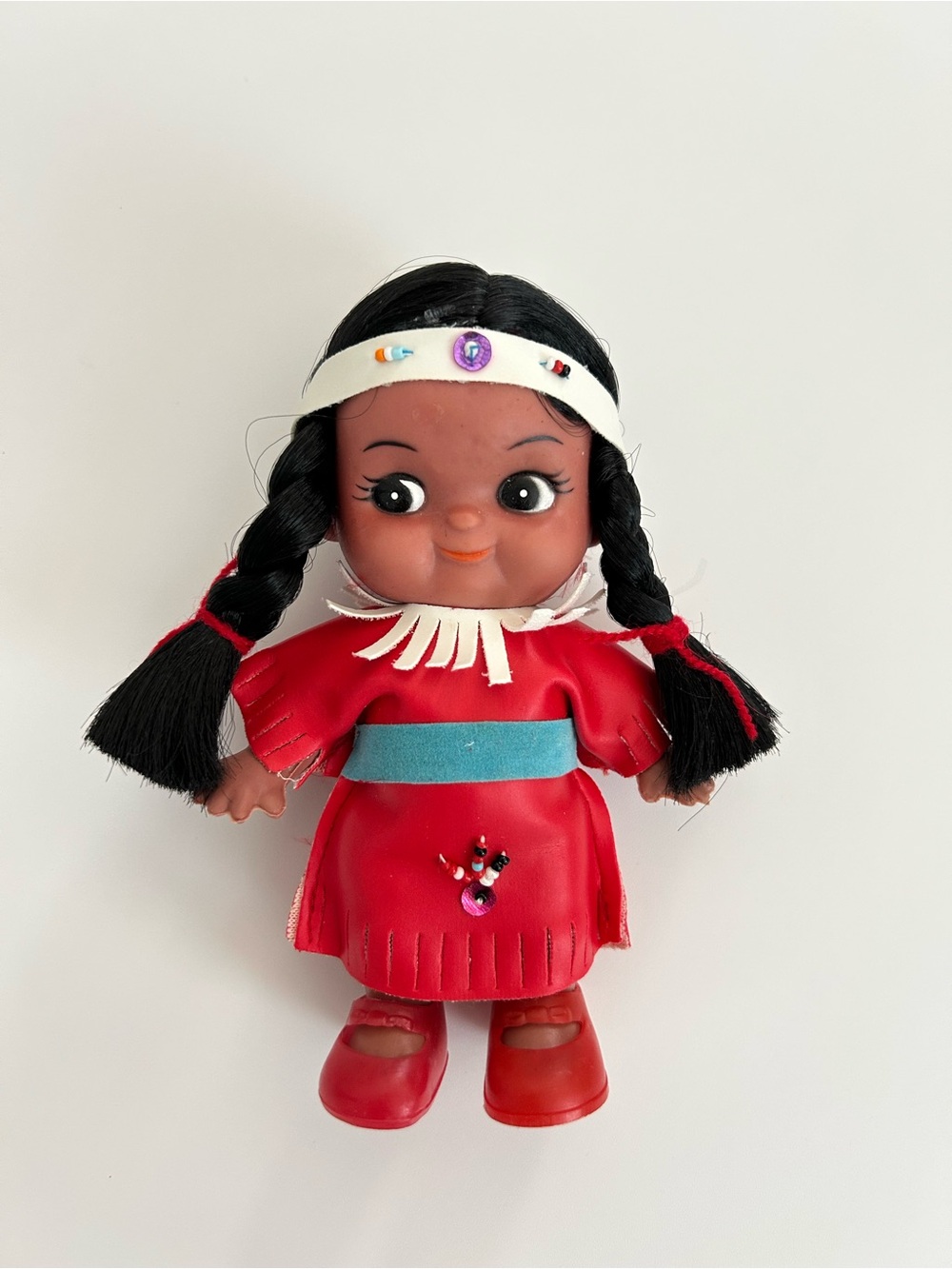 VTG Native American Souvenir Doll
Kewpie Style
Red Dress
Shoes
Beaded
Jointed